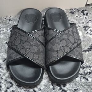 Coach Black Signature Crossband Slide Sandals